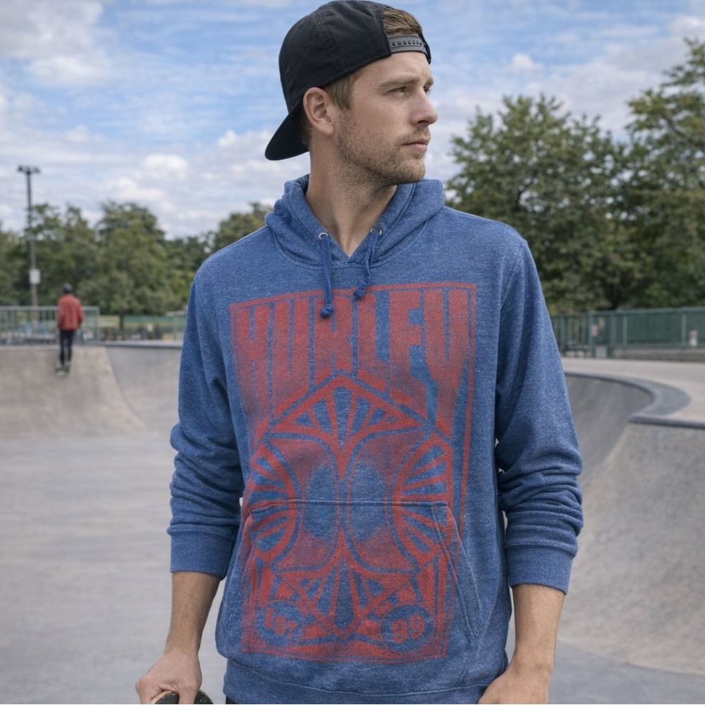 Hurley Mens Blue Heathered Graphic Logo Hoodie Sweatshirt Small EST 99 Surf